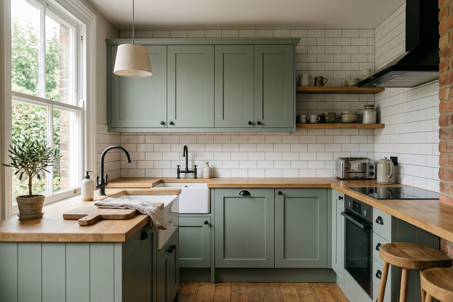 A fitted kitchen with sage green cabinets and an oak worktop